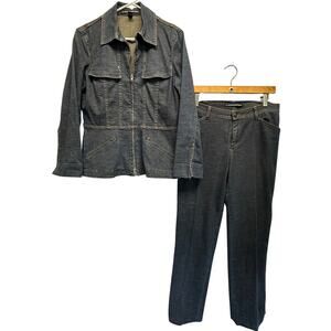 Ellen Tracy Denim Look Pant Suit Set Blazer & Trousers 8 Zip Front Retro Utility